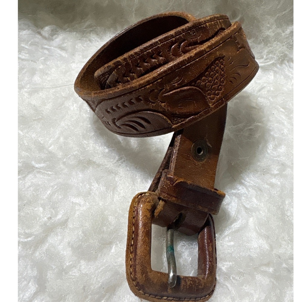 Unbranded Leather Belt Womens 32 Tooled Floral Brown Western Boho Fair Vintage